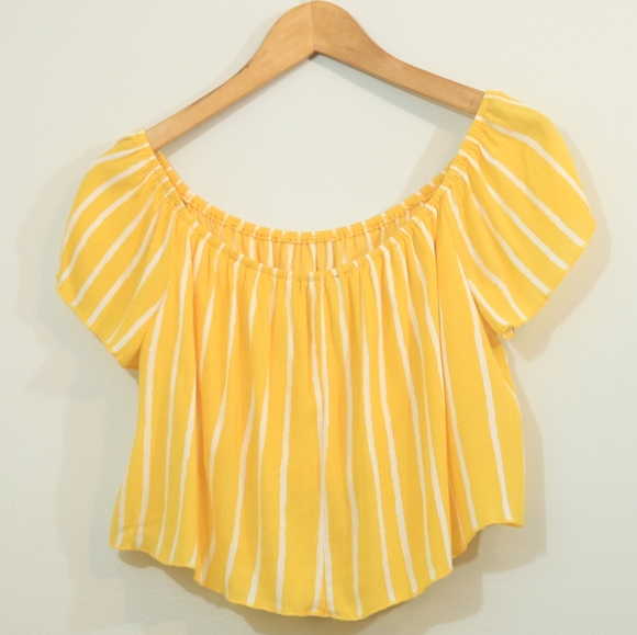 Forever 21 Yellow Striped Gauzy Off Shoulder Crop Top - Picture 4 of 7